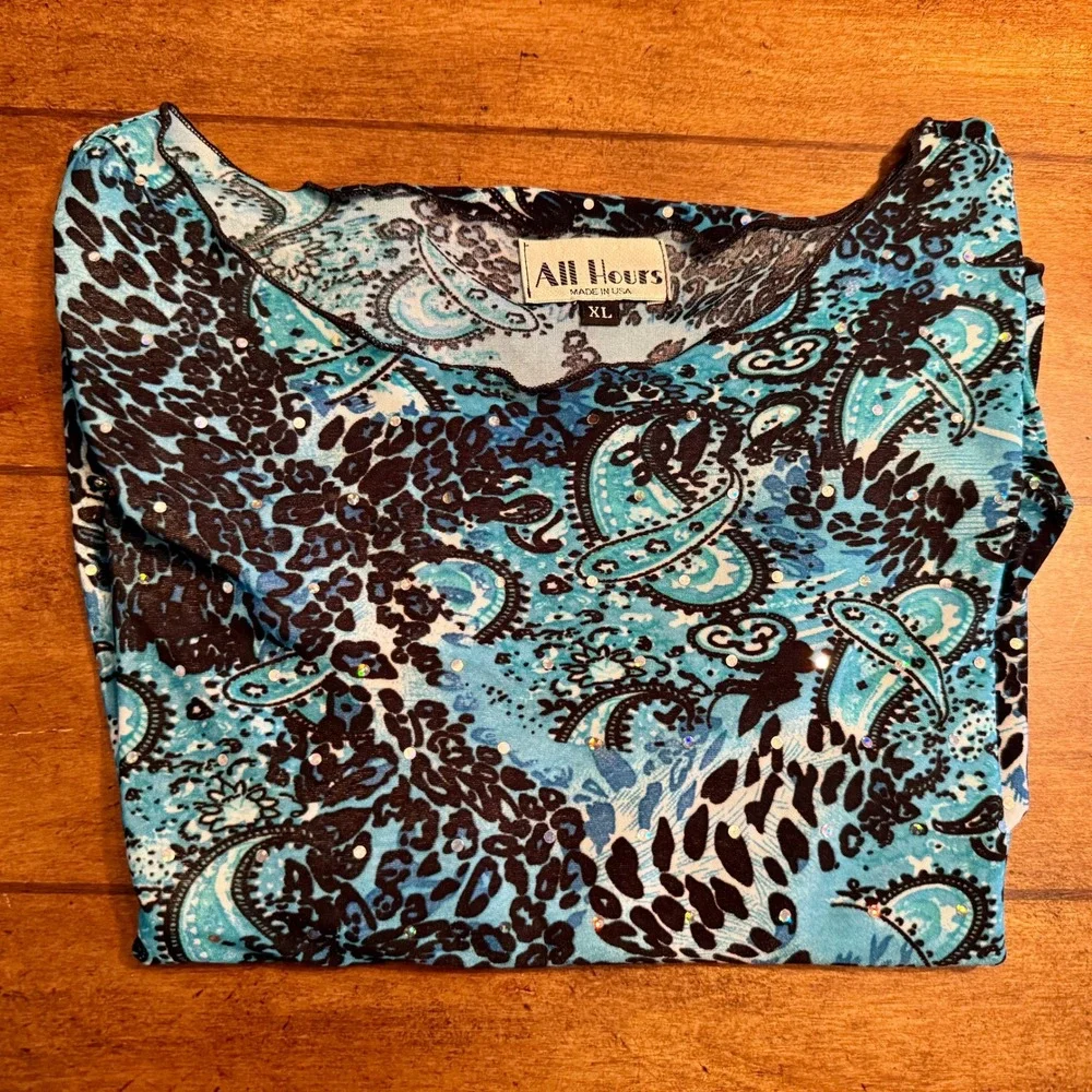 All Hours Women's XL Turquoise Leopard Paisley‎ Rhinestone Tunic Top 3/4 Sleeve